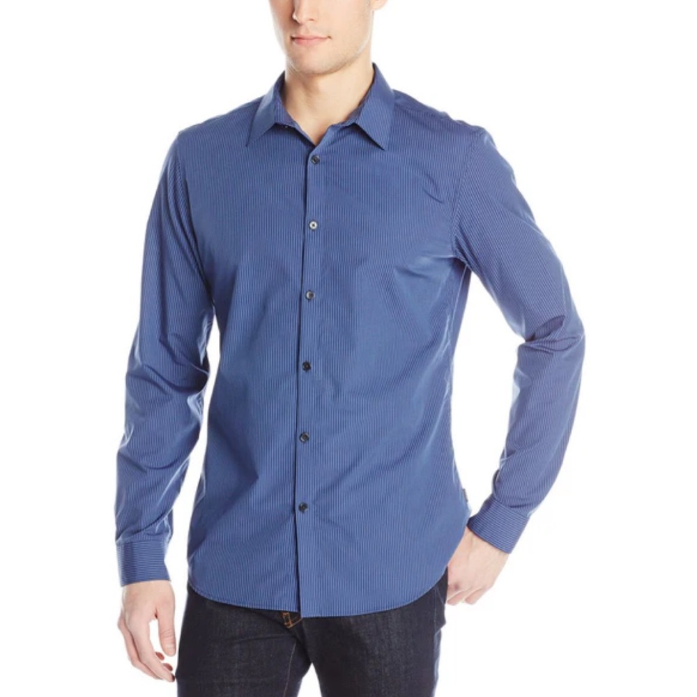 Calvin Klein Men's Slim Stretch Long sleeve in blue poplin design Dress Shirt